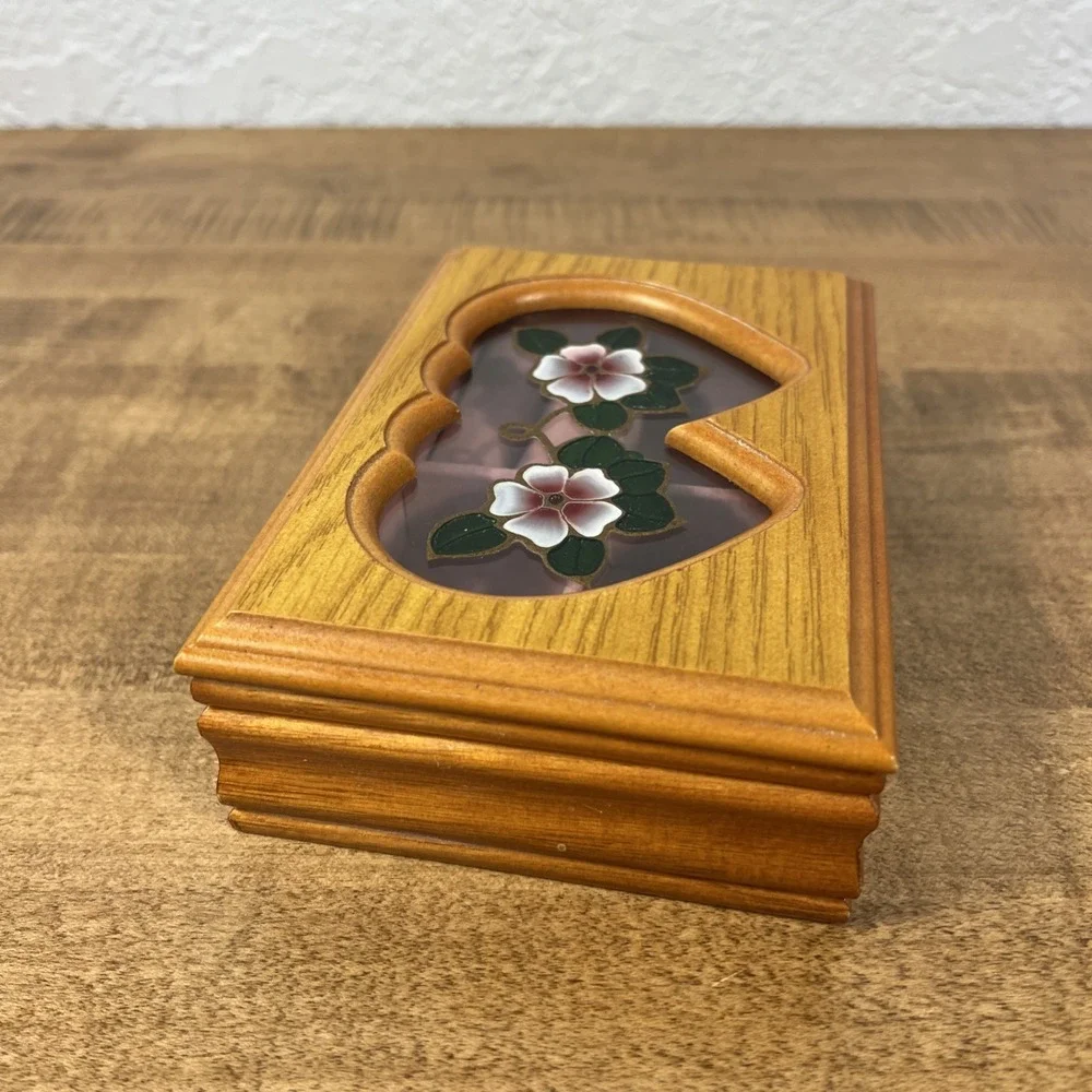 Vintage Wood Wooden Trinket Jewelry Box W/ Flower Blossom Design